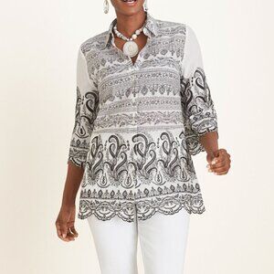 Chico's women's 2 (Large 12/14) paisley eyelet shirt w/ scallop hem 3/4 sleeve
